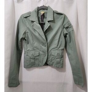 Vintage 2006 Old Navy Military Jacket Women  Green Slim Button Up Canvas Y2K